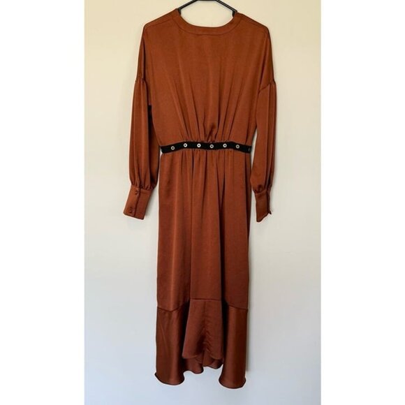 Brown Midi Dress Long Sleeve Wrap Style Belted Asymmetrical Hem BCBGMaxazria S - Picture 3 of 8